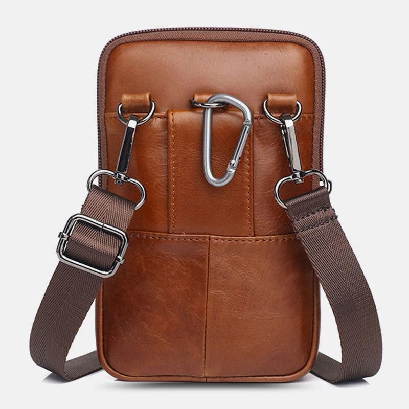 Hommes En Cuir Véritable Vintage Multifonctionnel 6.5 Pouces Mini Téléphone Sac Bandoulière Sac Taille Sac Peau De Vache Sac