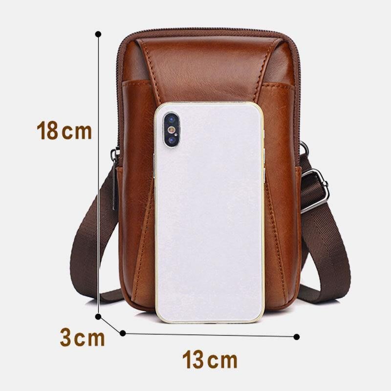 Hommes En Cuir Véritable Vintage Multifonctionnel 6.5 Pouces Mini Téléphone Sac Bandoulière Sac Taille Sac Peau De Vache Sac