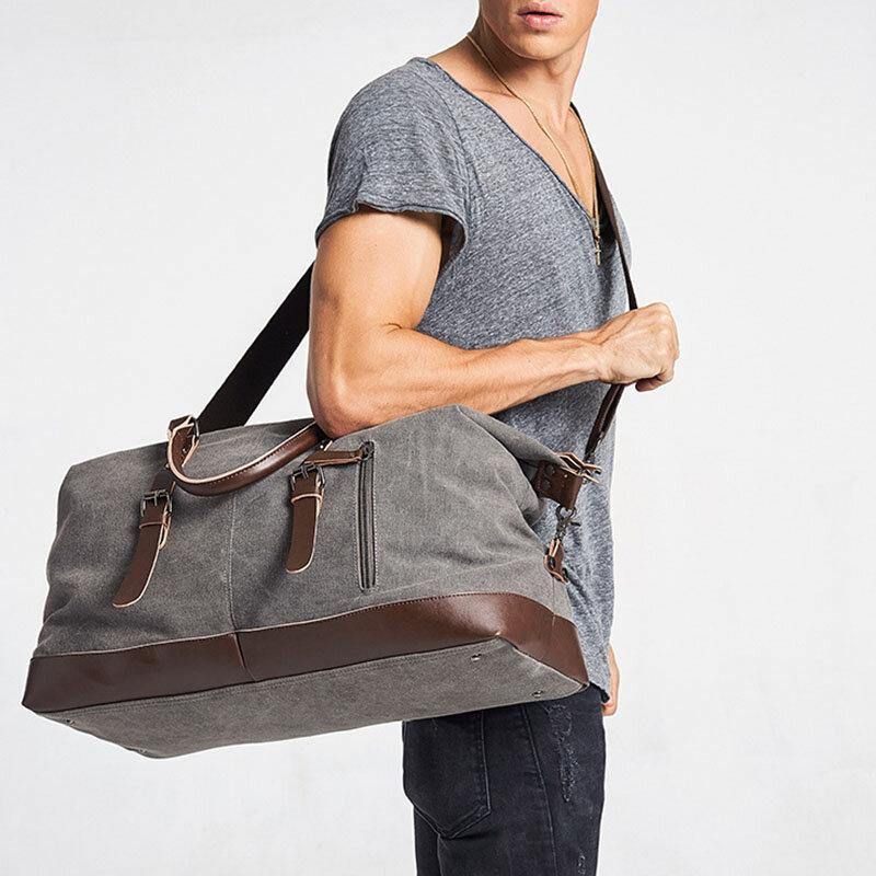 Hommes Toile Pu Cuir Grande Capacité Multi-poches Sac À Main Sac À Bandoulière Sac De Voyage Sac De Sport Sac À Bandoulière