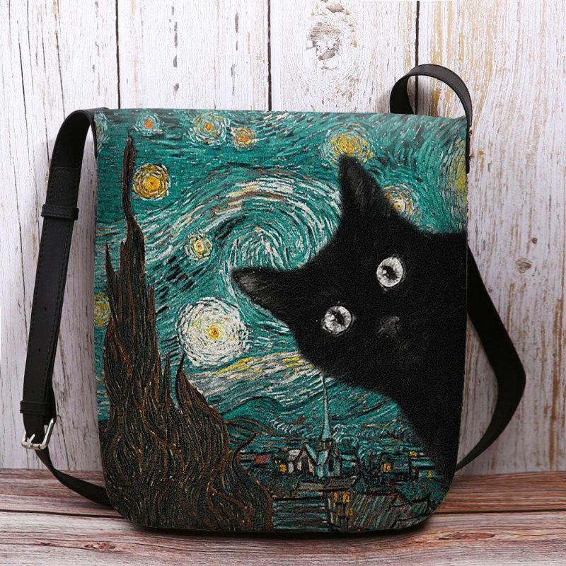 Les Femmes Ont Senti Le Motif De Chat De Dessin Animé Décontracté Mignon Avec Des Peintures De Galaxie De Nuit Étoilée Sac À Bandoulière Sac À Bandoulière