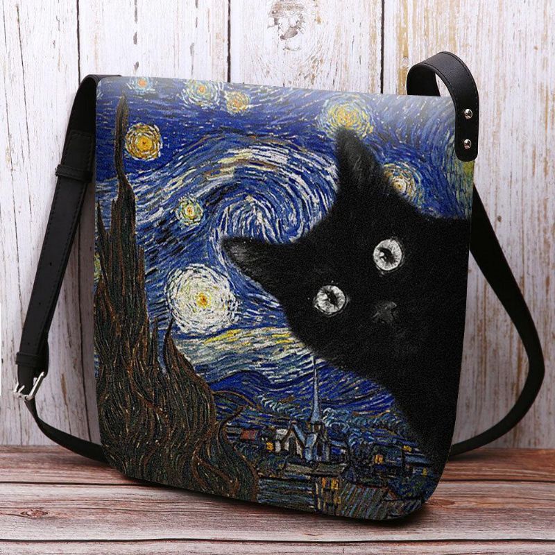 Les Femmes Ont Senti Le Motif De Chat De Dessin Animé Décontracté Mignon Avec Des Peintures De Galaxie De Nuit Étoilée Sac À Bandoulière Sac À Bandoulière