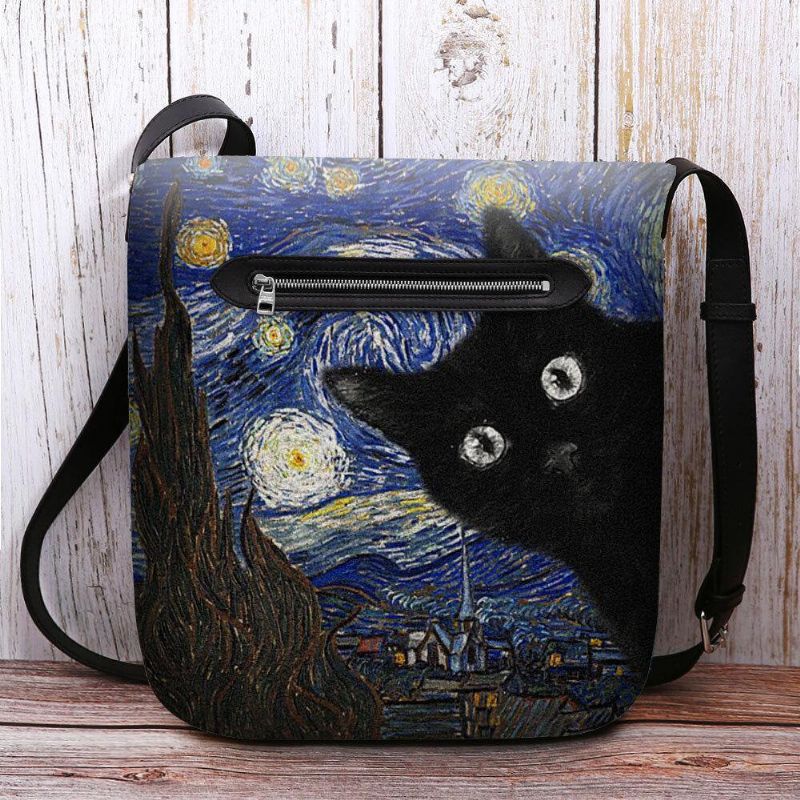 Les Femmes Ont Senti Le Motif De Chat De Dessin Animé Décontracté Mignon Avec Des Peintures De Galaxie De Nuit Étoilée Sac À Bandoulière Sac À Bandoulière