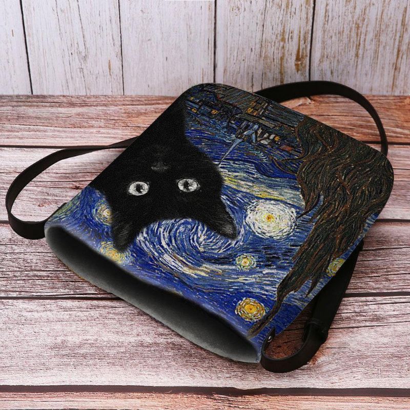 Les Femmes Ont Senti Le Motif De Chat De Dessin Animé Décontracté Mignon Avec Des Peintures De Galaxie De Nuit Étoilée Sac À Bandoulière Sac À Bandoulière