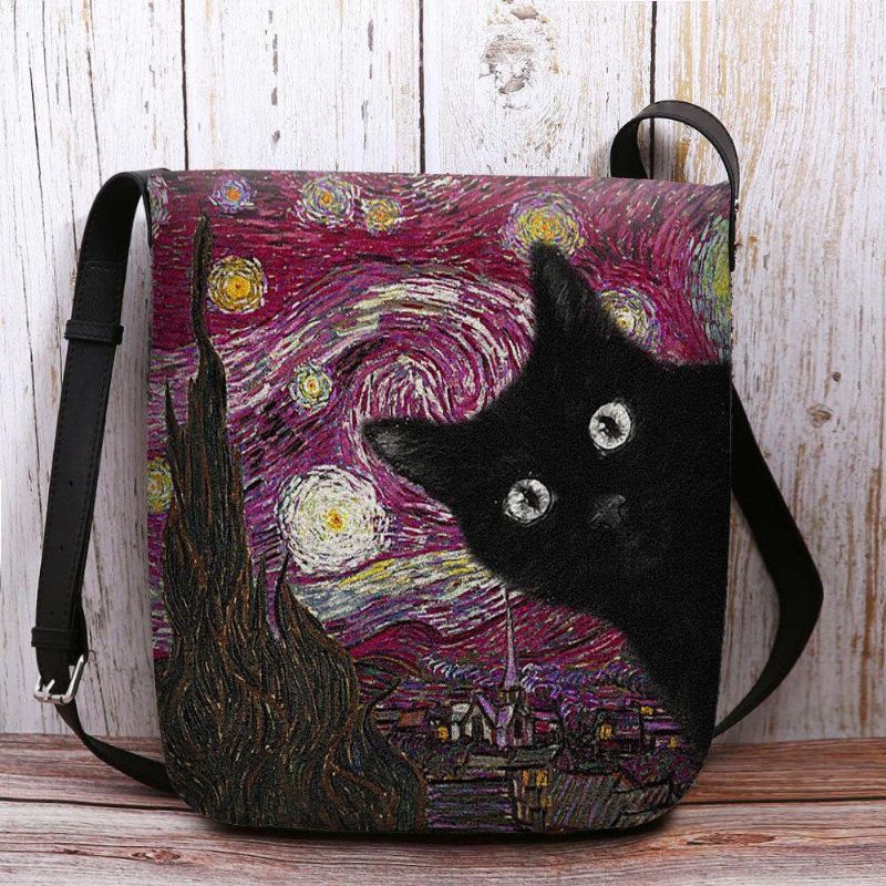 Les Femmes Ont Senti Le Motif De Chat De Dessin Animé Décontracté Mignon Avec Des Peintures De Galaxie De Nuit Étoilée Sac À Bandoulière Sac À Bandoulière