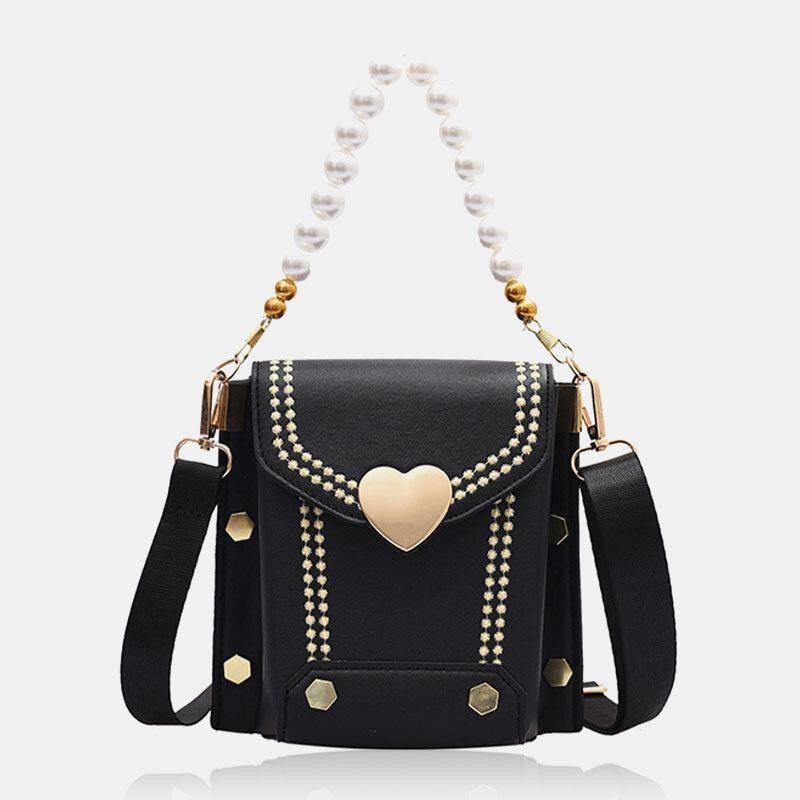 Sac À Main En Cuir Pu Pour Femme En Forme De Cœur En Forme De Cœur Avec Chaîne De Perles