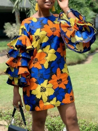 Robe À Fleurs Volantée À Manches Longues Et Col Rond De Vacances