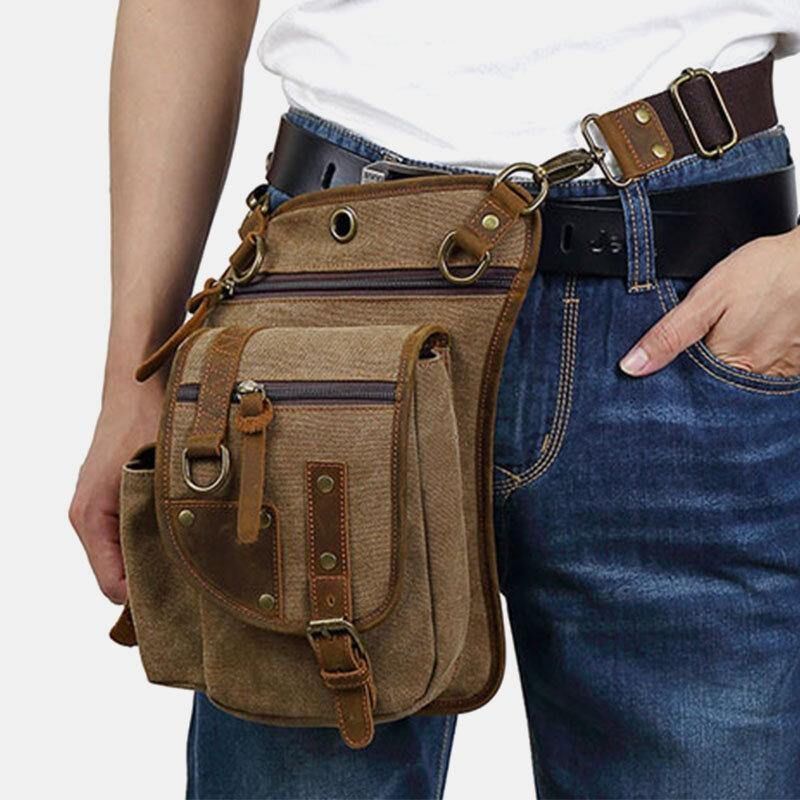 Hommes En Cuir Véritable Et Toile Cyclisme En Plein Air Sport Jambe Sac Taille Sac Bandoulière Sac