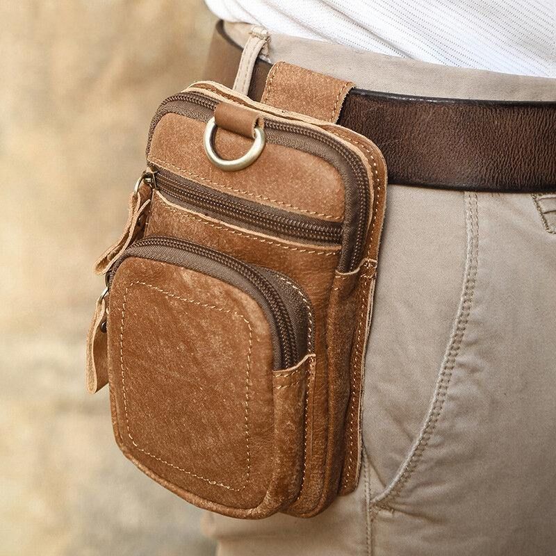 Hommes En Cuir Véritable Multi-poches Ceinture Sac Rétro 6.5 Pouces Téléphone Sac Taille Sac Avec Crochet