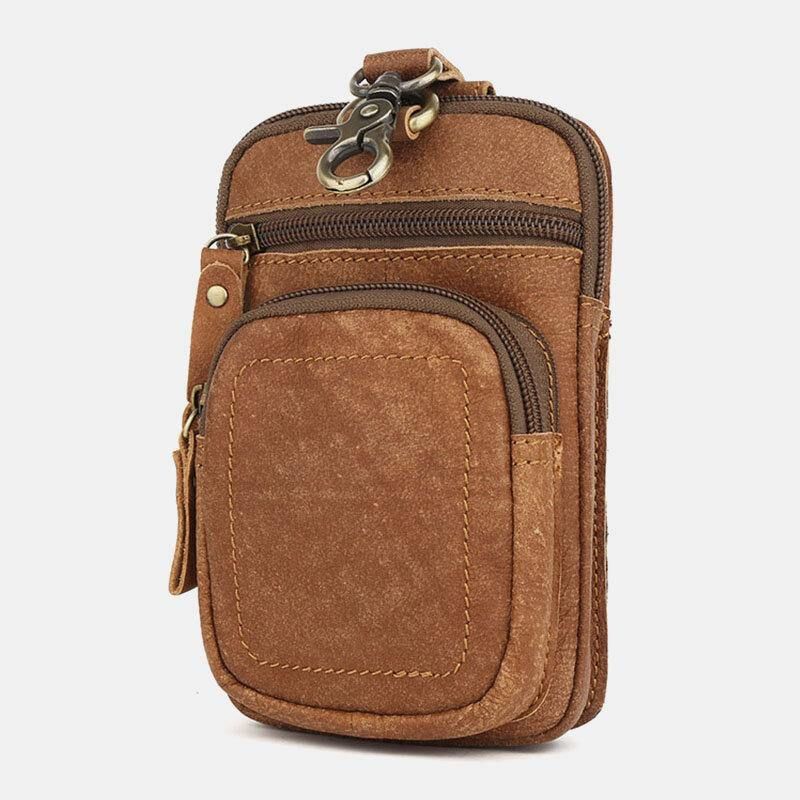 Hommes En Cuir Véritable Multi-poches Ceinture Sac Rétro 6.5 Pouces Téléphone Sac Taille Sac Avec Crochet