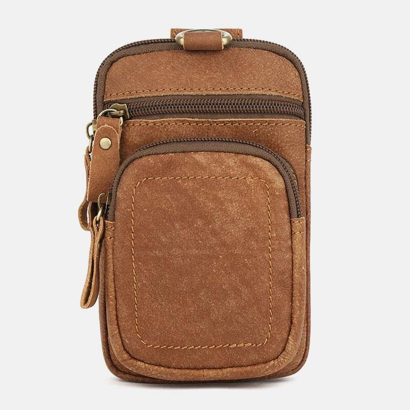 Hommes En Cuir Véritable Multi-poches Ceinture Sac Rétro 6.5 Pouces Téléphone Sac Taille Sac Avec Crochet