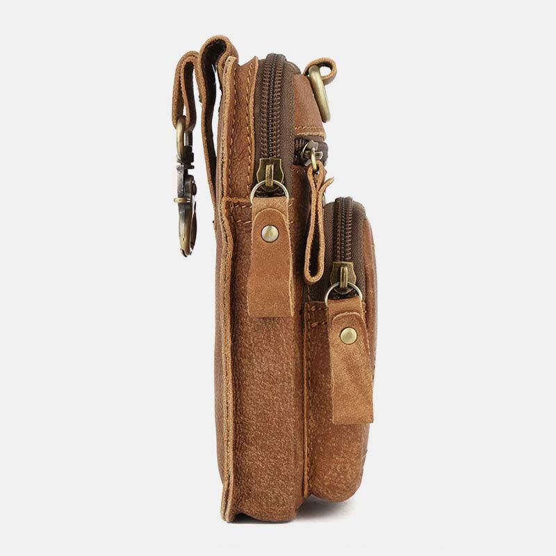 Hommes En Cuir Véritable Multi-poches Ceinture Sac Rétro 6.5 Pouces Téléphone Sac Taille Sac Avec Crochet