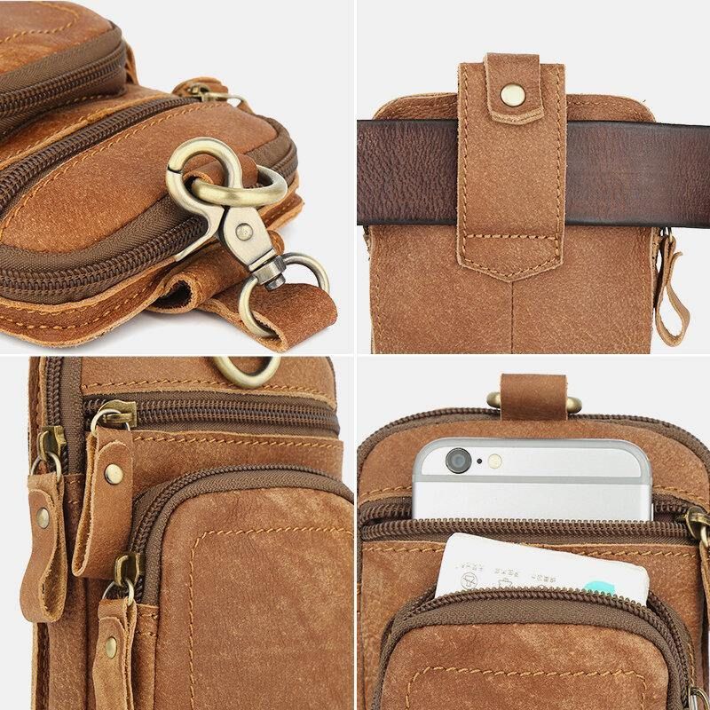 Hommes En Cuir Véritable Multi-poches Ceinture Sac Rétro 6.5 Pouces Téléphone Sac Taille Sac Avec Crochet