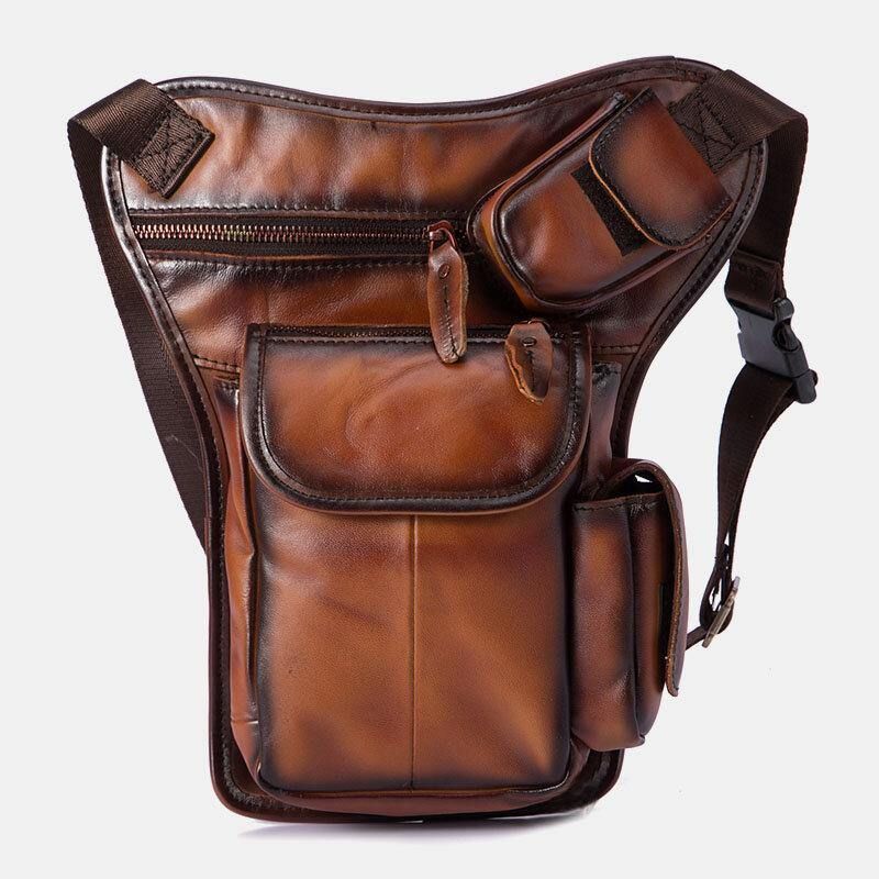 Hommes En Cuir Véritable Multi-transport Rétro 7 Pouces Téléphone Caméra Extérieur Taille Sac Sac À Bandoulière