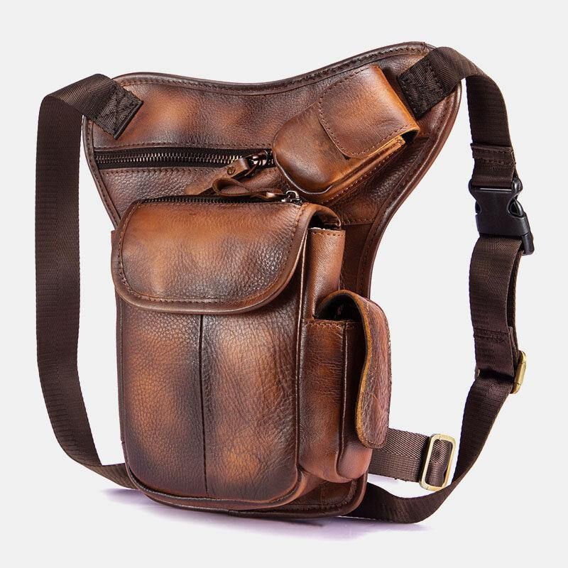 Hommes En Cuir Véritable Multi-transport Rétro 7 Pouces Téléphone Caméra Extérieur Taille Sac Sac À Bandoulière