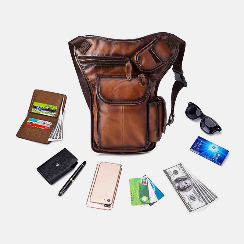 Hommes En Cuir Véritable Multi-transport Rétro 7 Pouces Téléphone Caméra Extérieur Taille Sac Sac À Bandoulière