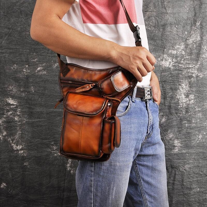 Hommes En Cuir Véritable Multi-transport Rétro 7 Pouces Téléphone Caméra Extérieur Taille Sac Sac À Bandoulière