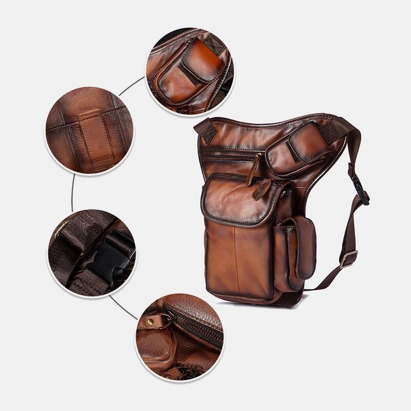 Hommes En Cuir Véritable Multi-transport Rétro 7 Pouces Téléphone Caméra Extérieur Taille Sac Sac À Bandoulière