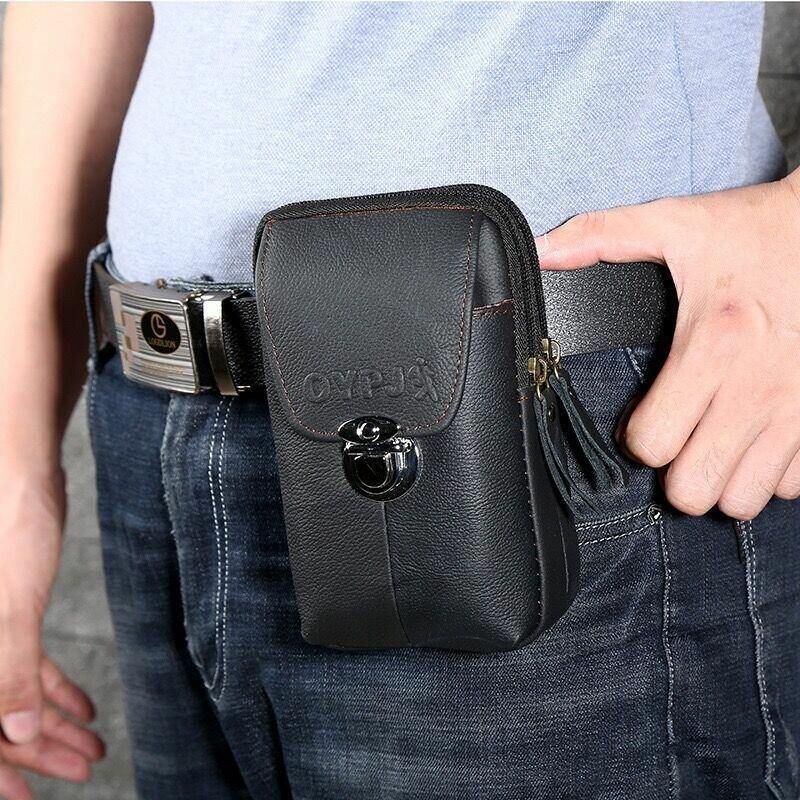 Hommes En Cuir Véritable Rétro Affaires Étanche 6.3 Pouces Sac De Téléphone Sac De Taille Avec Boucle De Ceinture