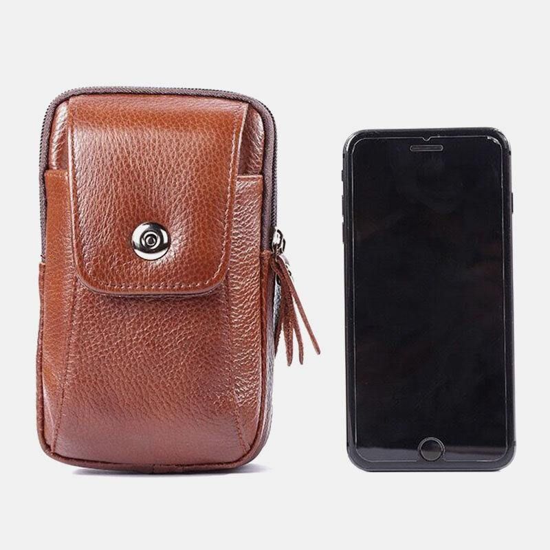 Hommes En Cuir Véritable Rétro Affaires Étanche Suspendu 6.3 Pouces Sac De Téléphone Sac De Taille