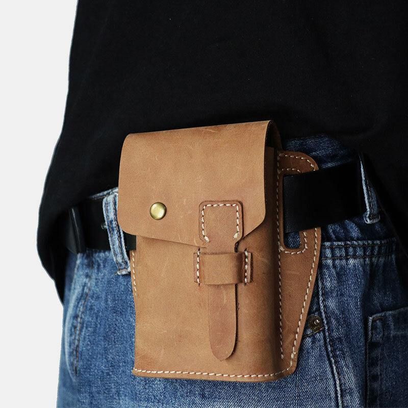 Hommes En Cuir Véritable Rétro Sport De Plein Air 6.3 Pouces Sac De Téléphone Sac De Taille Avec Boucle De Ceinture