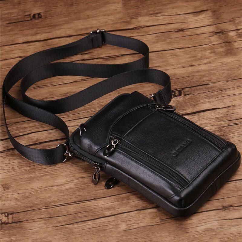 Hommes En Cuir Véritable Cuir De Vachette 6-7 Pouces Téléphone Sac Multi-transport Sac À Bandoulière Sac De Taille Avec Boucle De Ceinture