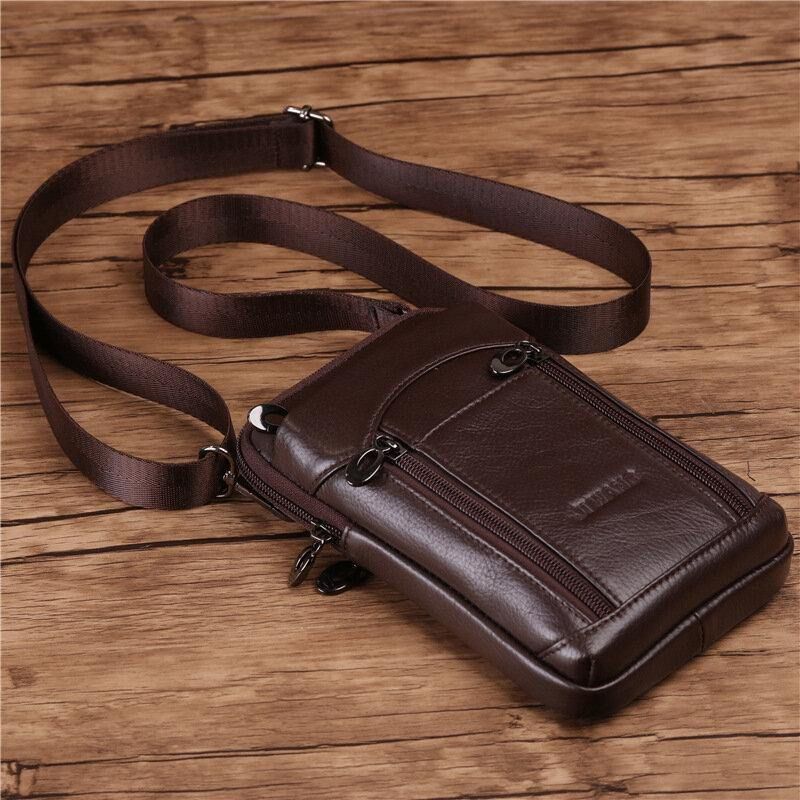 Hommes En Cuir Véritable Cuir De Vachette 6-7 Pouces Téléphone Sac Multi-transport Sac À Bandoulière Sac De Taille Avec Boucle De Ceinture