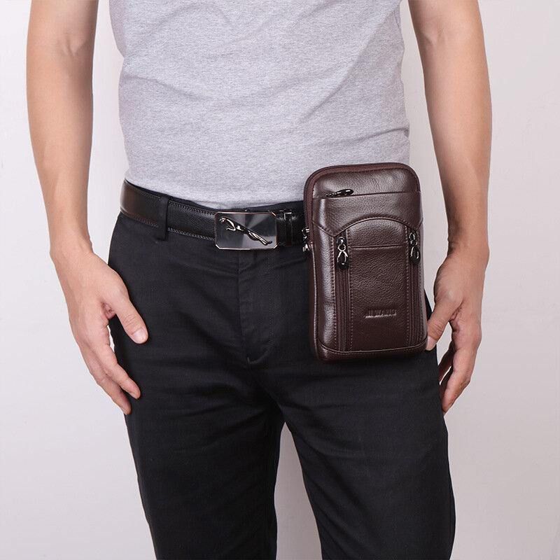 Hommes En Cuir Véritable Cuir De Vachette 6-7 Pouces Téléphone Sac Multi-transport Sac À Bandoulière Sac De Taille Avec Boucle De Ceinture