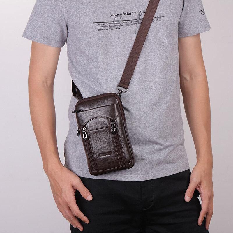 Hommes En Cuir Véritable Cuir De Vachette 6-7 Pouces Téléphone Sac Multi-transport Sac À Bandoulière Sac De Taille Avec Boucle De Ceinture