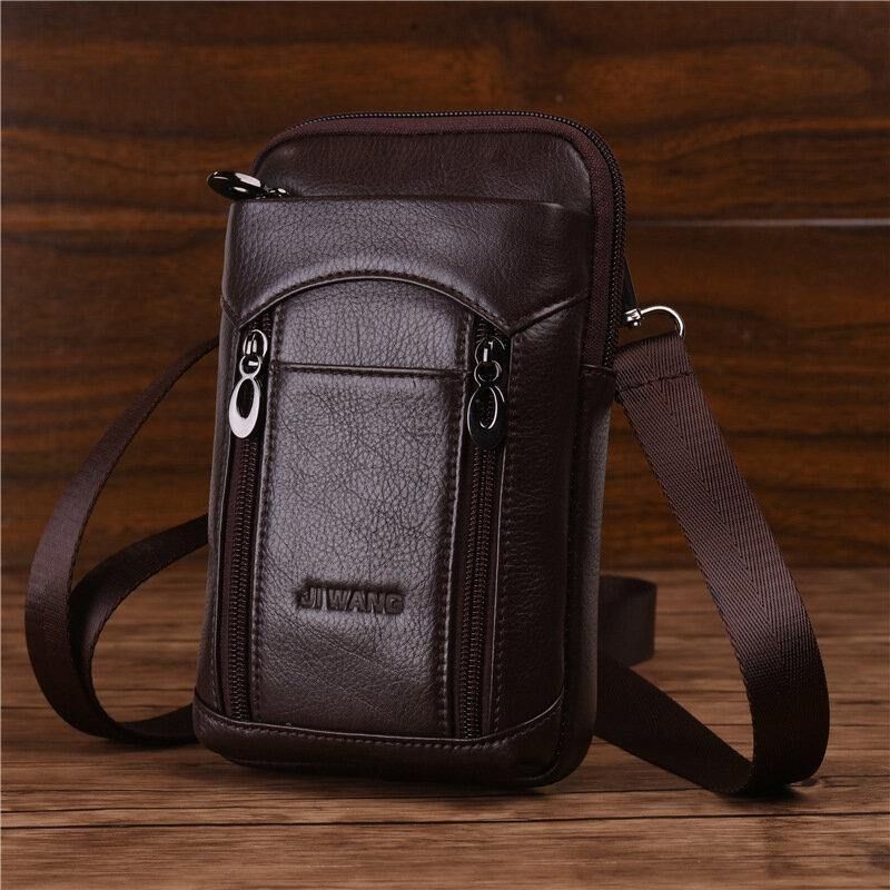 Hommes En Cuir Véritable Cuir De Vachette 6-7 Pouces Téléphone Sac Multi-transport Sac À Bandoulière Sac De Taille Avec Boucle De Ceinture