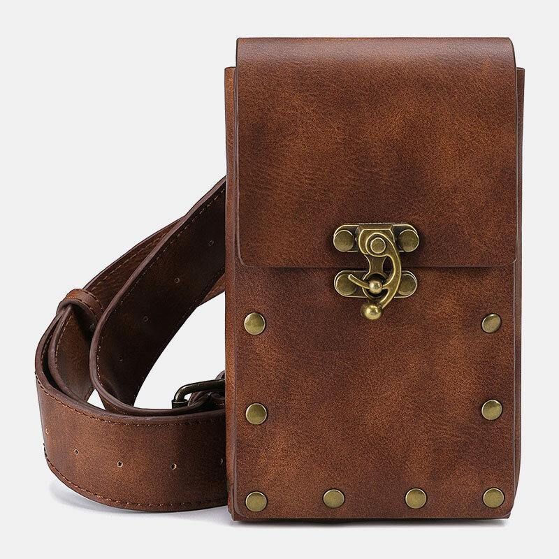 Hommes Faux Cuir Steampunk Mode Rétro Sport 6.3 Pouces Téléphone Sac Taille Sac