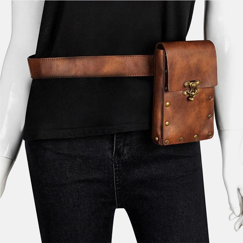 Hommes Faux Cuir Steampunk Mode Rétro Sport 6.3 Pouces Téléphone Sac Taille Sac