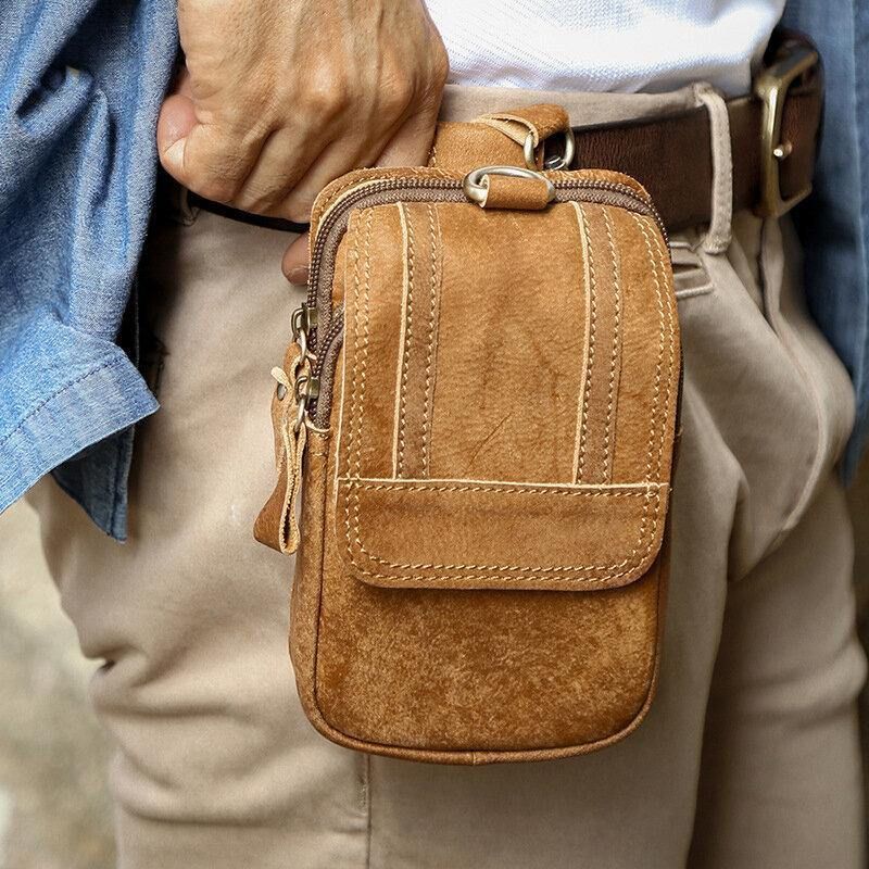 Hommes Multifonctionnel Grande Capacité 6.3 Pouces Sac De Téléphone En Cuir Véritable Sac De Taille Résistant À L'usure Sac De Ceinture Avec Crochet