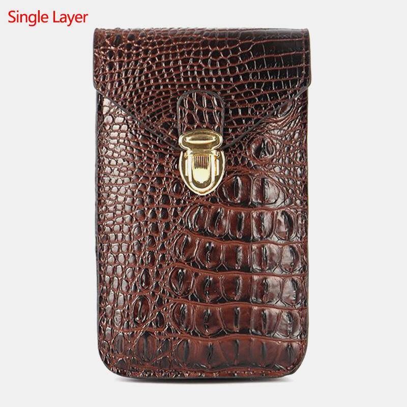 Hommes Pu Cuir Crocodile Motif Multifonctionnel Décontracté Double Couche 6.5 Pouces Téléphone Sac Taille Sac Avec Crochet