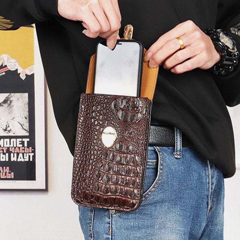 Hommes Pu Cuir Crocodile Motif Multifonctionnel Décontracté Double Couche 6.5 Pouces Téléphone Sac Taille Sac Avec Crochet