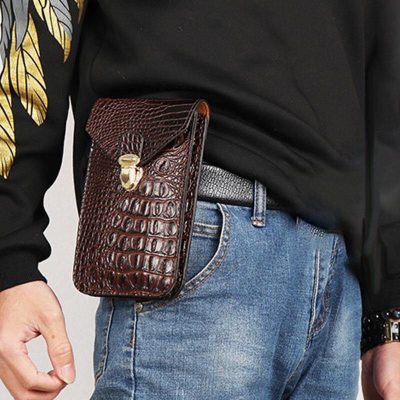 Hommes Pu Cuir Crocodile Motif Multifonctionnel Décontracté Double Couche 6.5 Pouces Téléphone Sac Taille Sac Avec Crochet