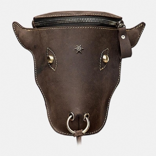 Hommes Vache Tête Forme Grande Capacité En Cuir Véritable Crazy Horse Cuir 7 Pouces Vintage Taille Sac Jambe Sac