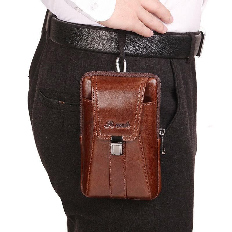 Hommes Vertical Multifonction Véritable Ceinture En Cuir Sac Grande Capacité Rétro 6.3 Pouces Téléphone Sac Taille Sac Avec Crochet