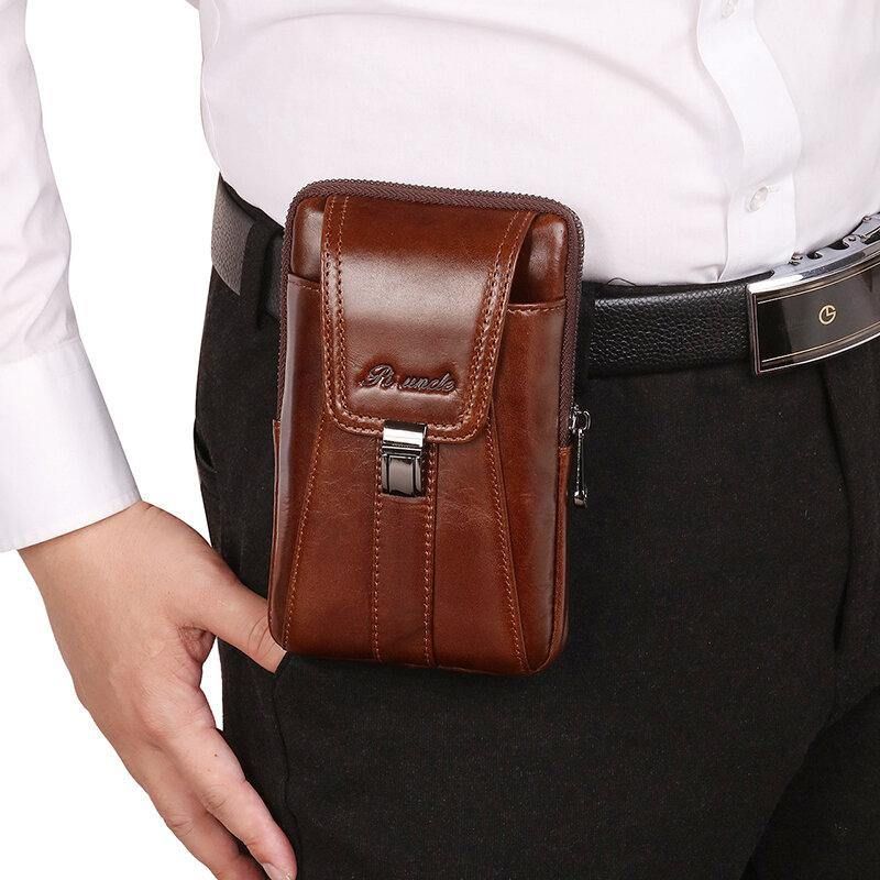 Hommes Vertical Multifonction Véritable Ceinture En Cuir Sac Grande Capacité Rétro 6.3 Pouces Téléphone Sac Taille Sac Avec Crochet