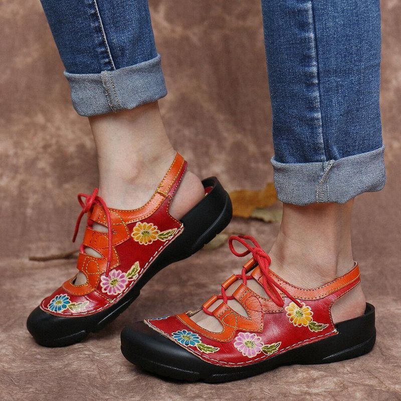 Cuir Floral Splicing Cutout Couture Lacets Slingback Mules Sabots Sandales Plates