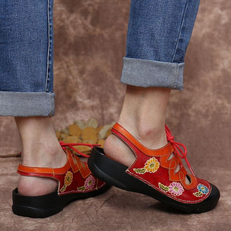 Cuir Floral Splicing Cutout Couture Lacets Slingback Mules Sabots Sandales Plates