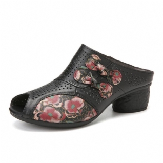 Ethnic Floral Bowknot Decor Évider Sandas À Talons Peep Toe En Cuir De Vachette Imprimé.