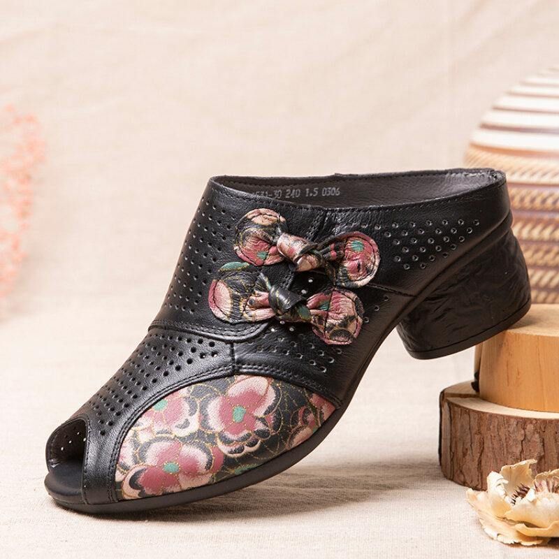 Ethnic Floral Bowknot Decor Évider Sandas À Talons Peep Toe En Cuir De Vachette Imprimé.