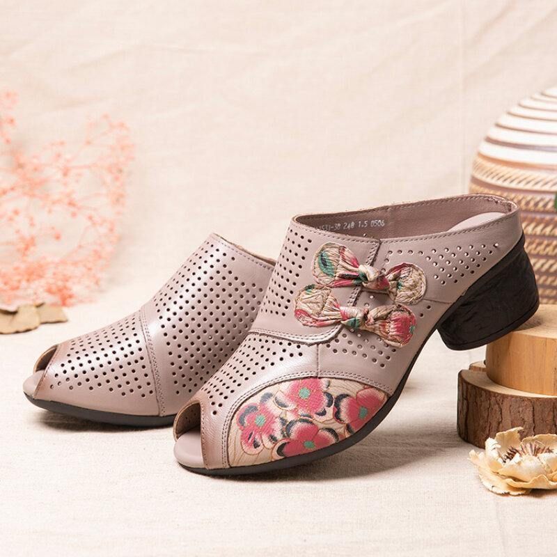 Ethnic Floral Bowknot Decor Évider Sandas À Talons Peep Toe En Cuir De Vachette Imprimé.