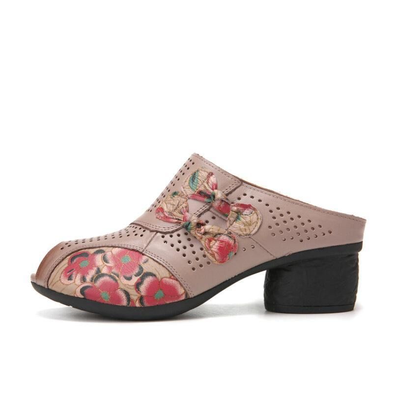 Ethnic Floral Bowknot Decor Évider Sandas À Talons Peep Toe En Cuir De Vachette Imprimé.