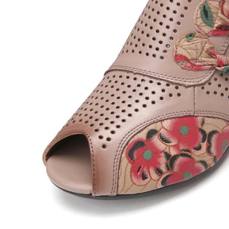 Ethnic Floral Bowknot Decor Évider Sandas À Talons Peep Toe En Cuir De Vachette Imprimé.