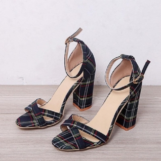 Femmes Plaid Cross Strap Treillis Décor Boucle Sandales À Talons Hauts